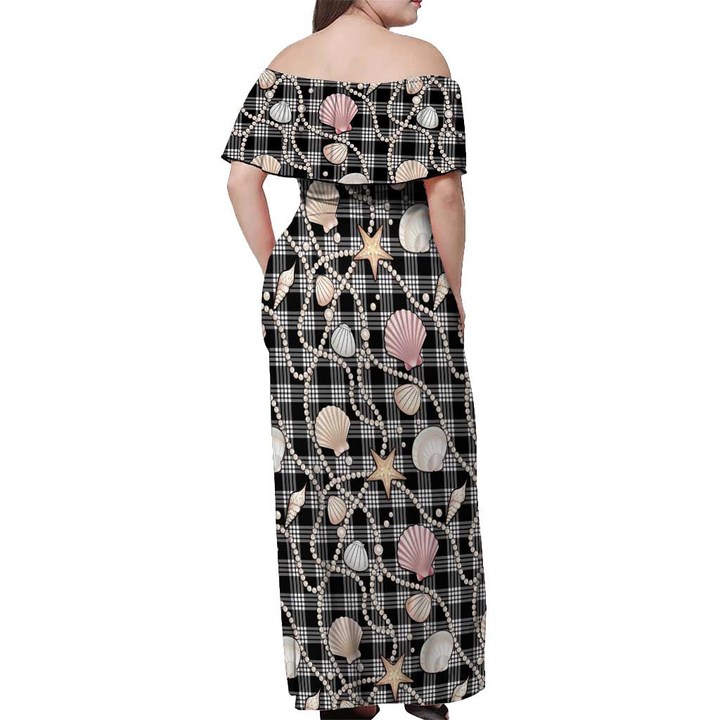 Hawaiian Ocean Seashells Off Shoulder Maxi Dress Black Palaka Pattern