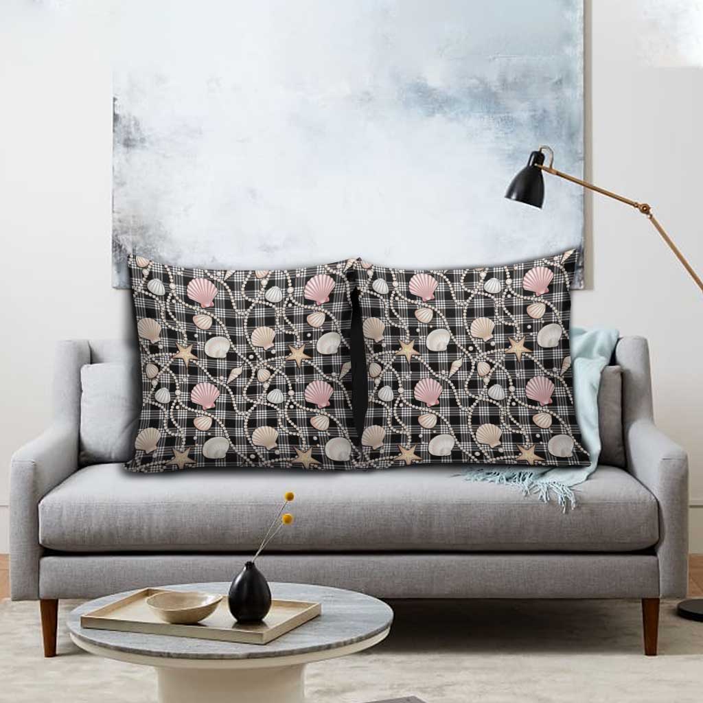 Hawaiian Ocean Seashells Pillow Cover Black Palaka Pattern