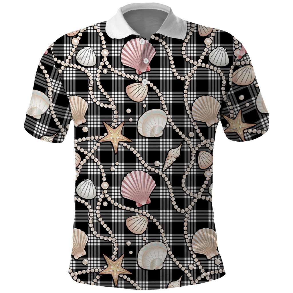 Hawaiian Ocean Seashells Polo Shirt Black Palaka Pattern