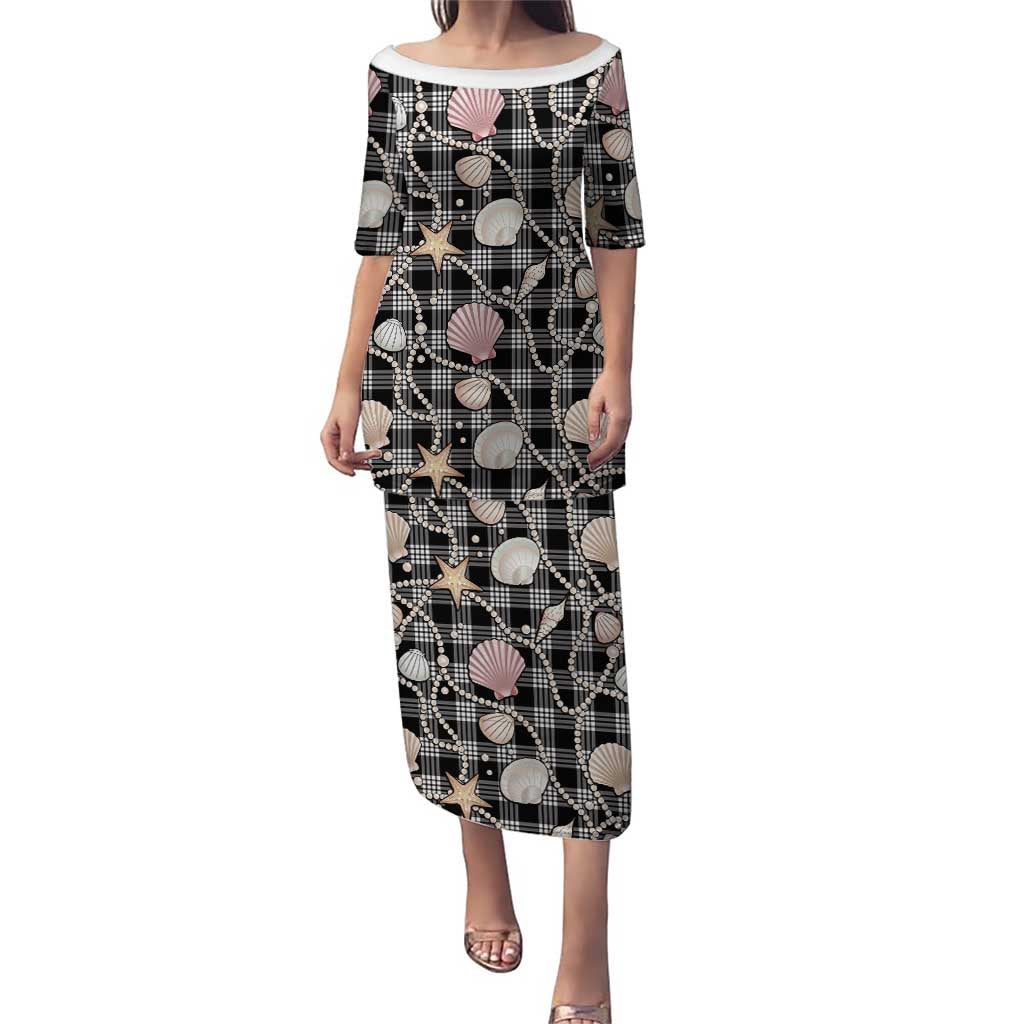 Hawaiian Ocean Seashells Puletasi Black Palaka Pattern
