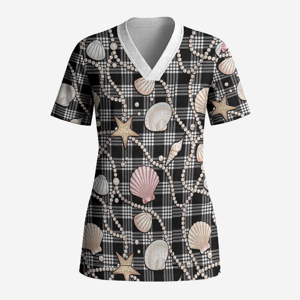 Hawaiian Ocean Seashells Scrub Top Black Palaka Pattern