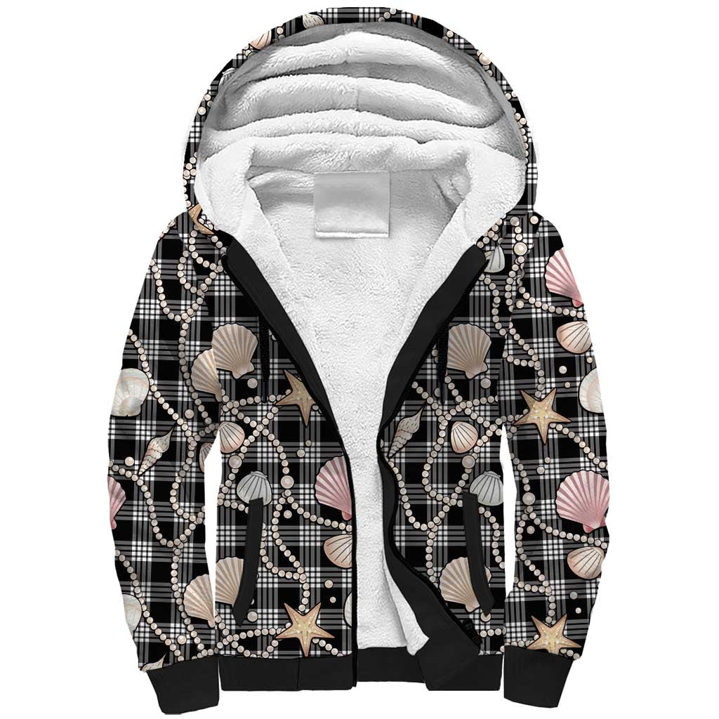 Hawaiian Ocean Seashells Sherpa Hoodie Black Palaka Pattern