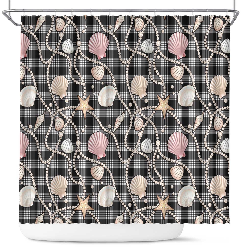 Hawaiian Ocean Seashells Shower Curtain Black Palaka Pattern