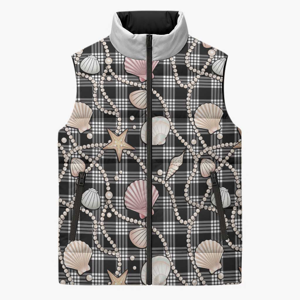 Hawaiian Ocean Seashells Sleeveless Puffer Jacket Black Palaka Pattern