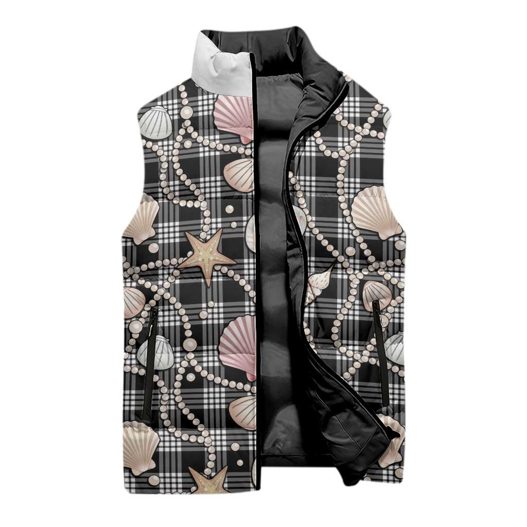 Hawaiian Ocean Seashells Sleeveless Puffer Jacket Black Palaka Pattern
