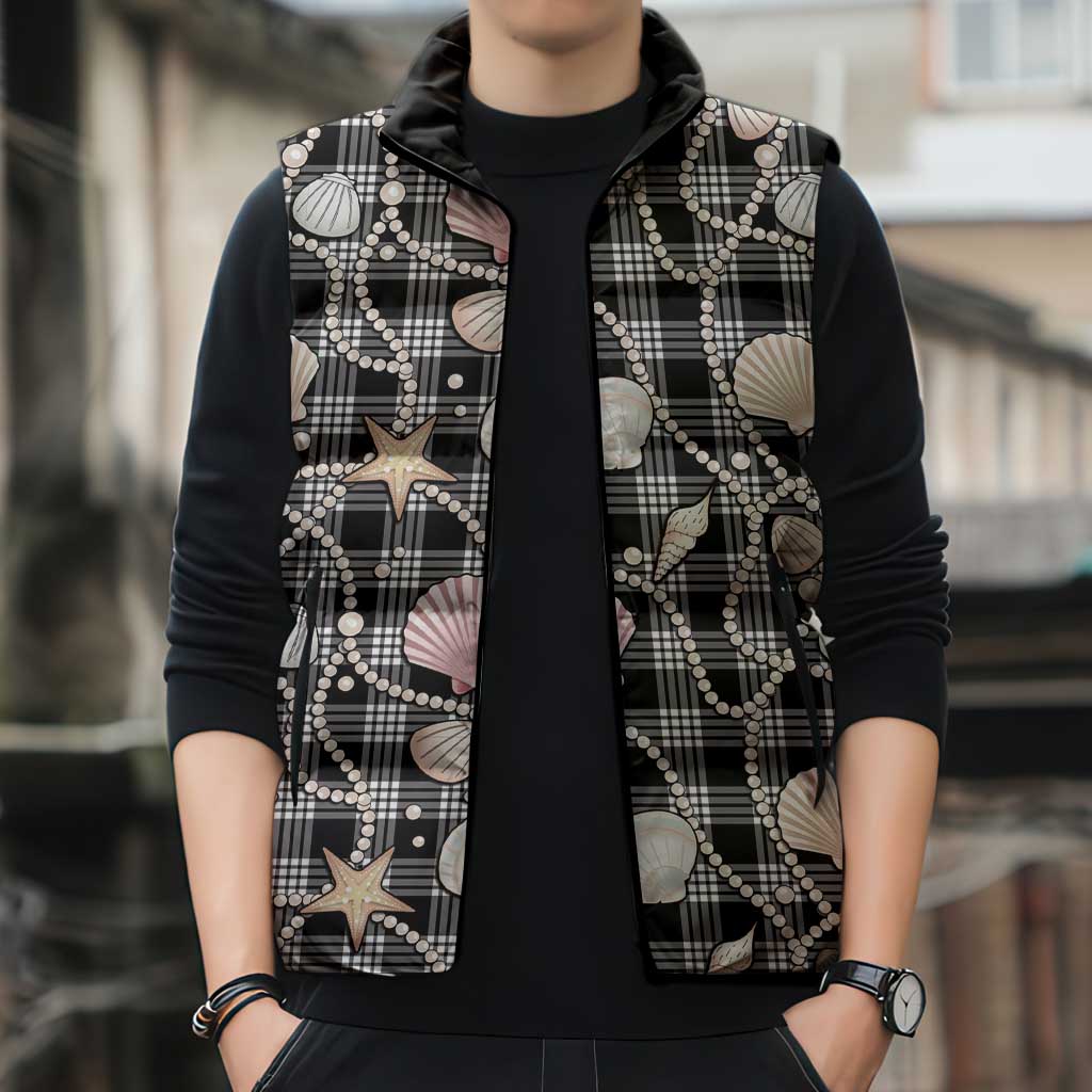 Hawaiian Ocean Seashells Sleeveless Puffer Jacket Black Palaka Pattern