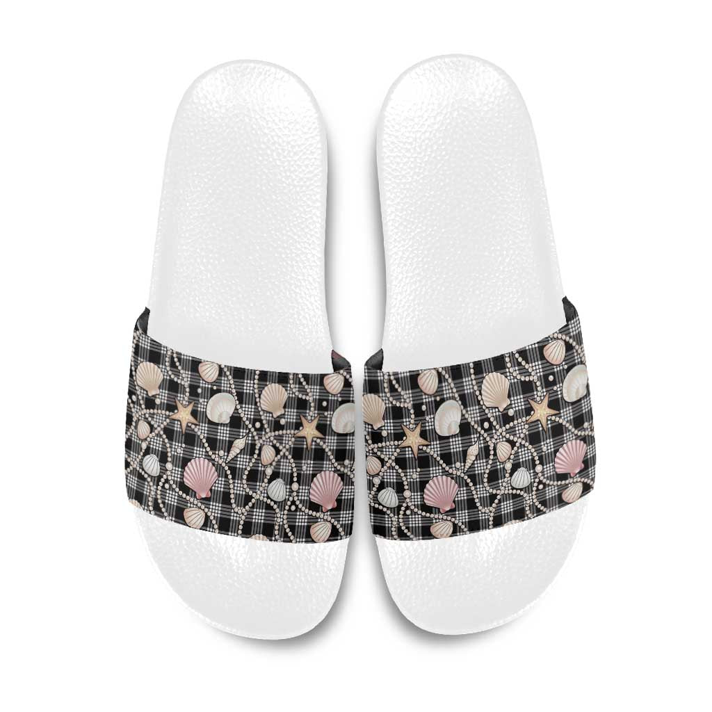 Hawaiian Ocean Seashells Slide Sandals Black Palaka Pattern