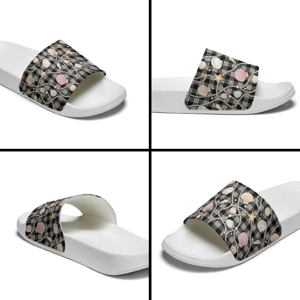 Hawaiian Ocean Seashells Slide Sandals Black Palaka Pattern