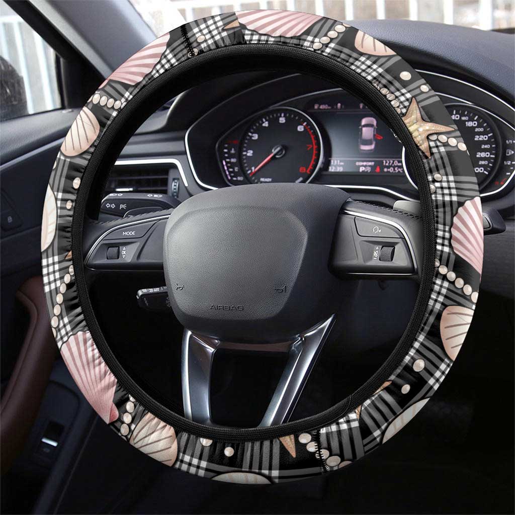 Hawaiian Ocean Seashells Steering Wheel Cover Black Palaka Pattern