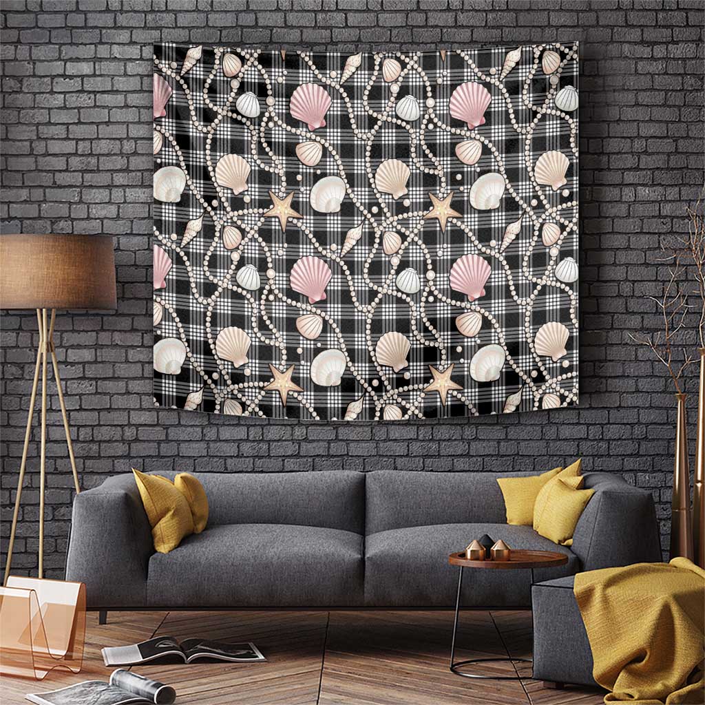 Hawaiian Ocean Seashells Tapestry Black Palaka Pattern