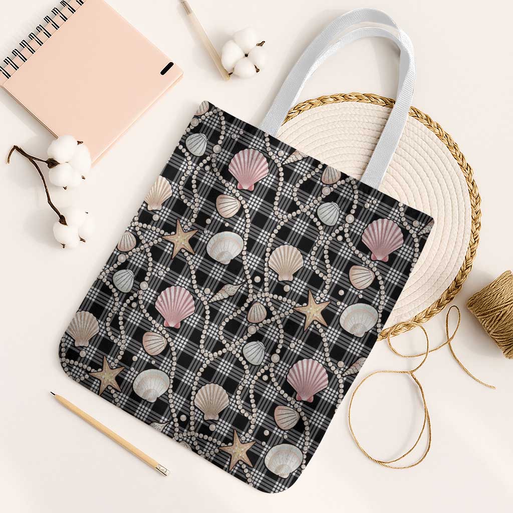 Hawaiian Ocean Seashells Tote Bag Black Palaka Pattern