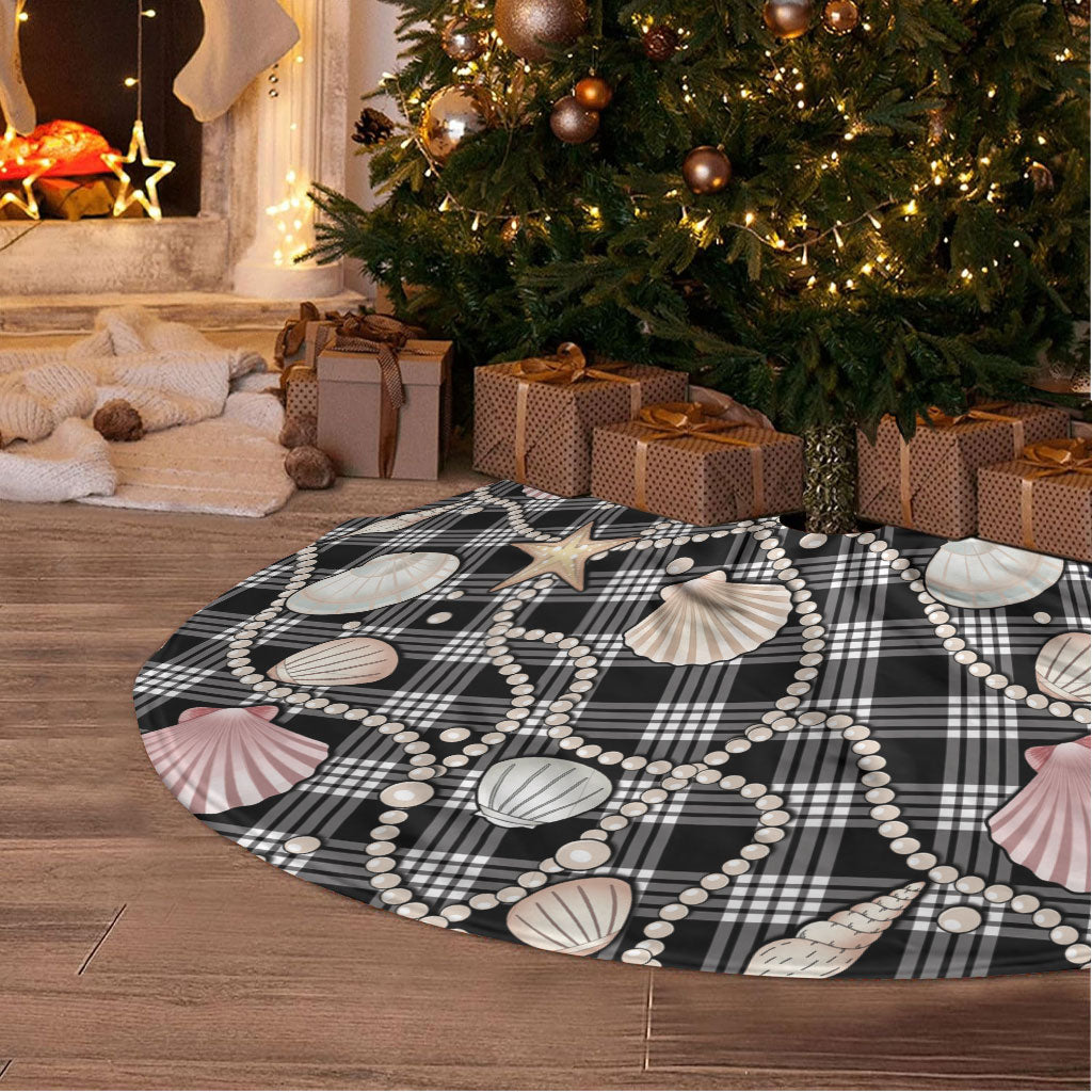 Hawaiian Ocean Seashells Tree Skirt Black Palaka Pattern LT01 - Polynesian Pride