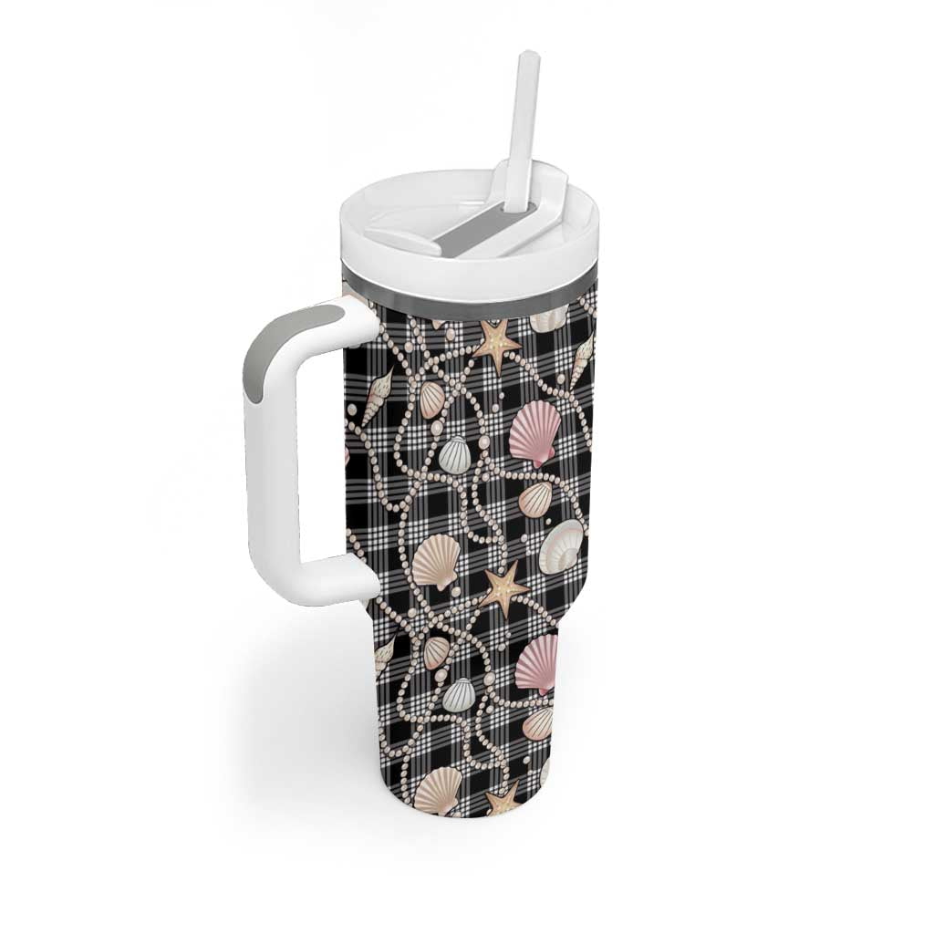 Hawaiian Ocean Seashells Tumbler With Handle Black Palaka Pattern