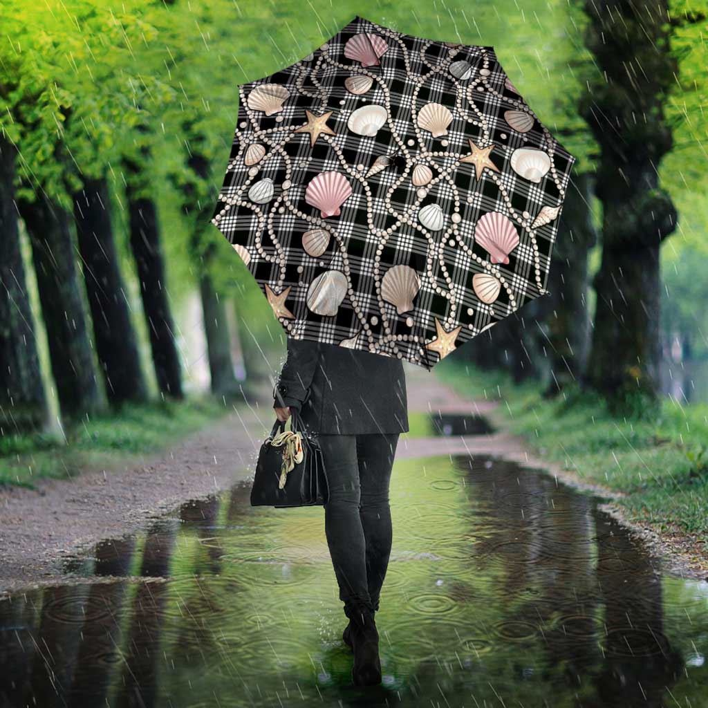 Hawaiian Ocean Seashells Umbrella Black Palaka Pattern