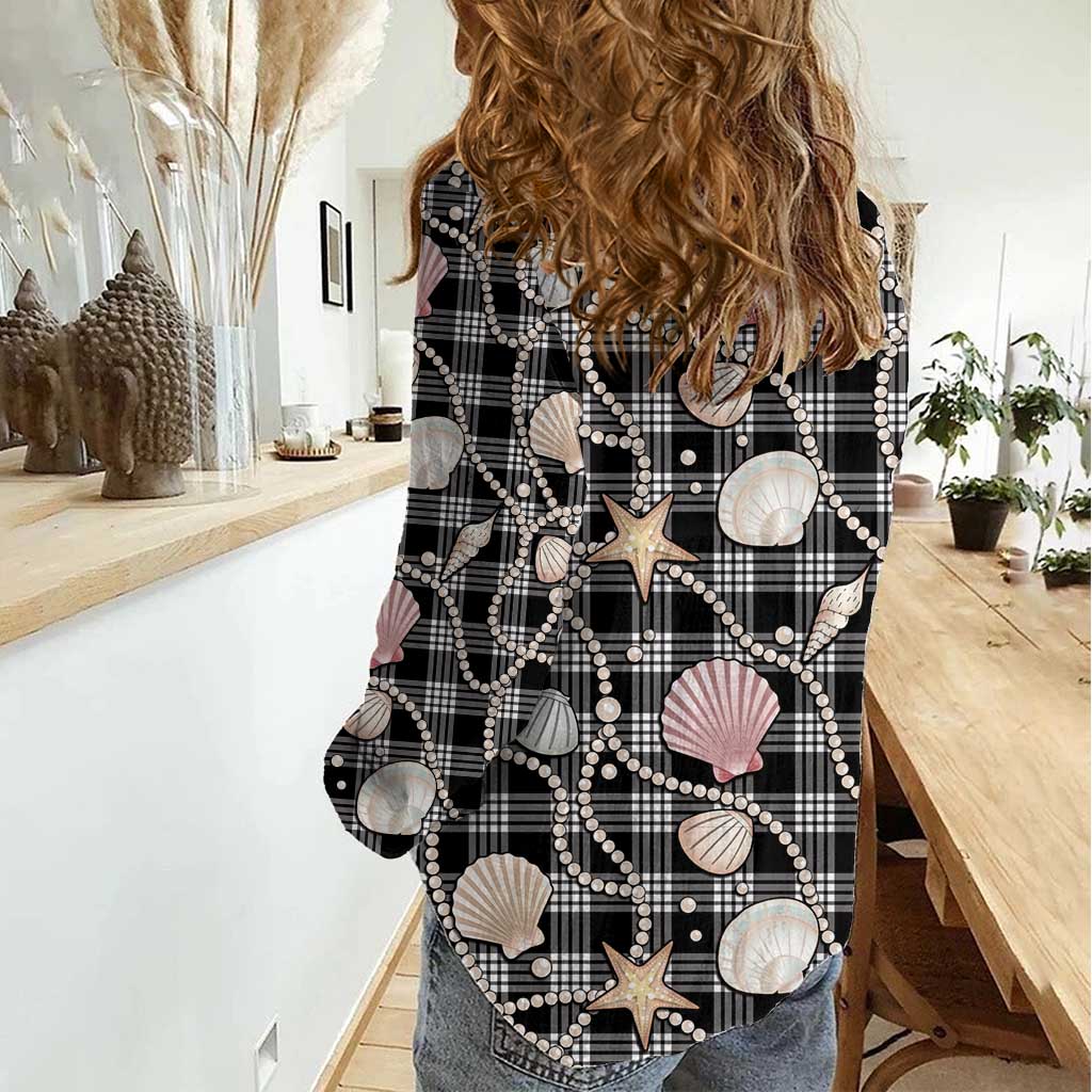 Hawaiian Ocean Seashells Women Casual Shirt Black Palaka Pattern