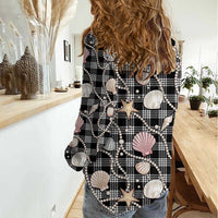 Hawaiian Ocean Seashells Women Casual Shirt Black Palaka Pattern