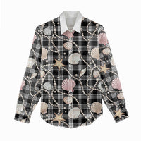 Hawaiian Ocean Seashells Women Casual Shirt Black Palaka Pattern