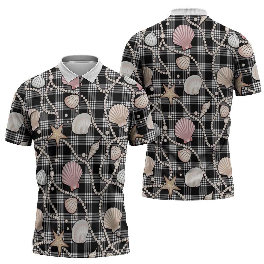 Hawaiian Ocean Seashells Zipper Polo Shirt Black Palaka Pattern