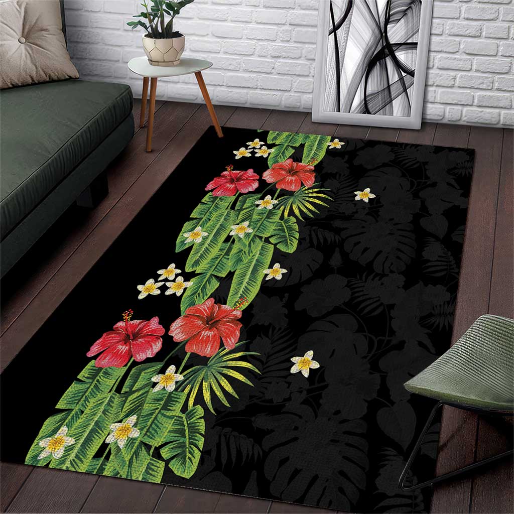 Hawaiian Hibiscus Plumeria Area Rug Tropical Leaves