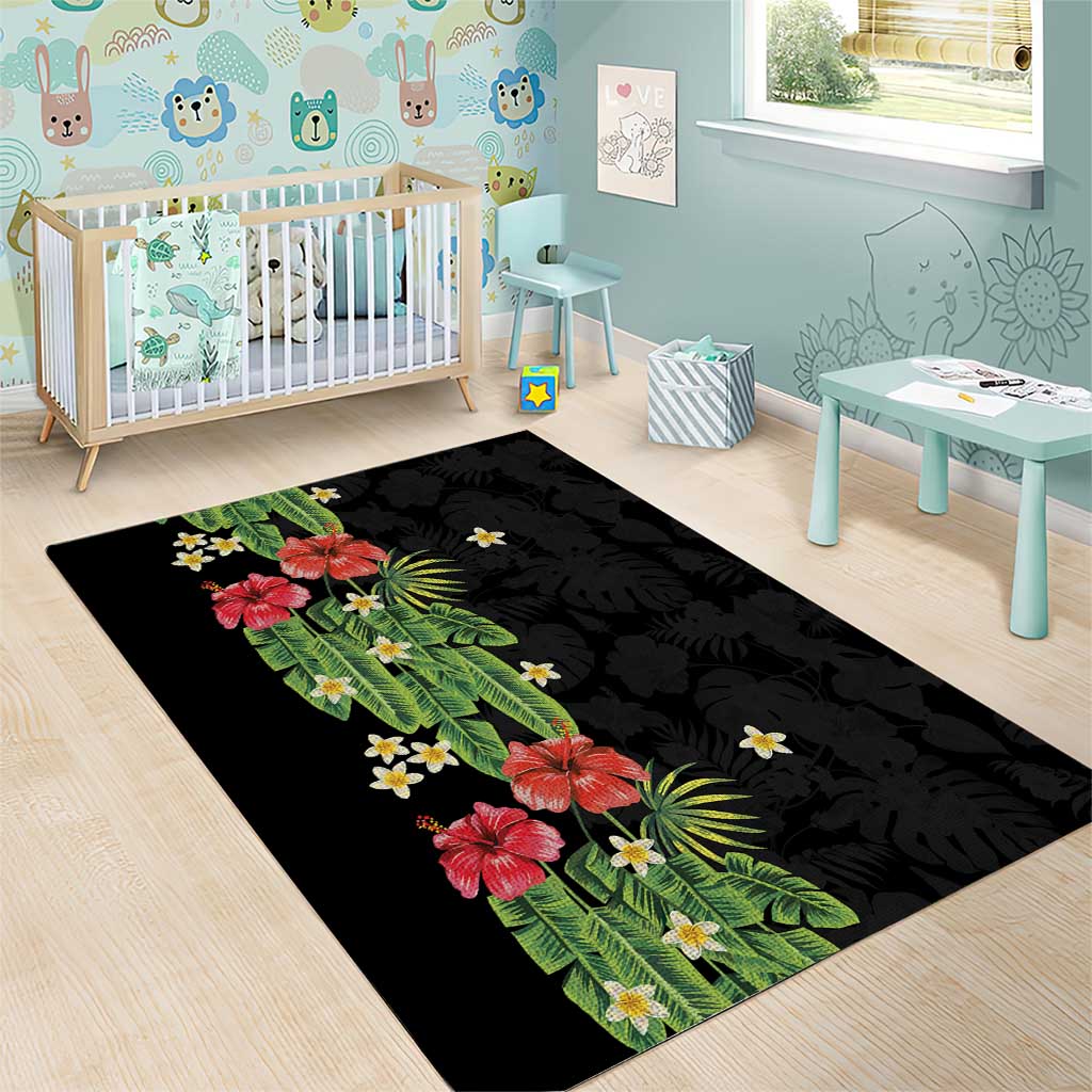 Hawaiian Hibiscus Plumeria Area Rug Tropical Leaves