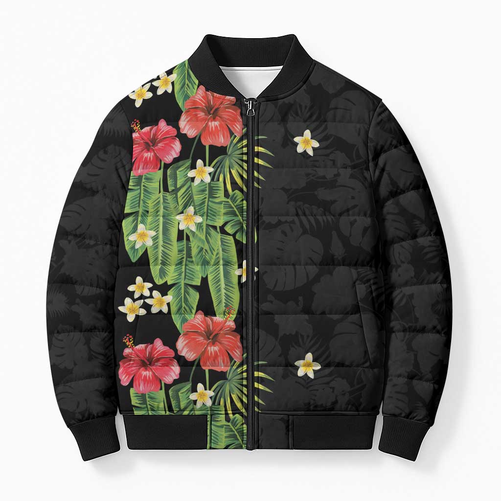 Hawaiian Hibiscus Plumeria Bomber Puffer Jacket Tropical Leaves