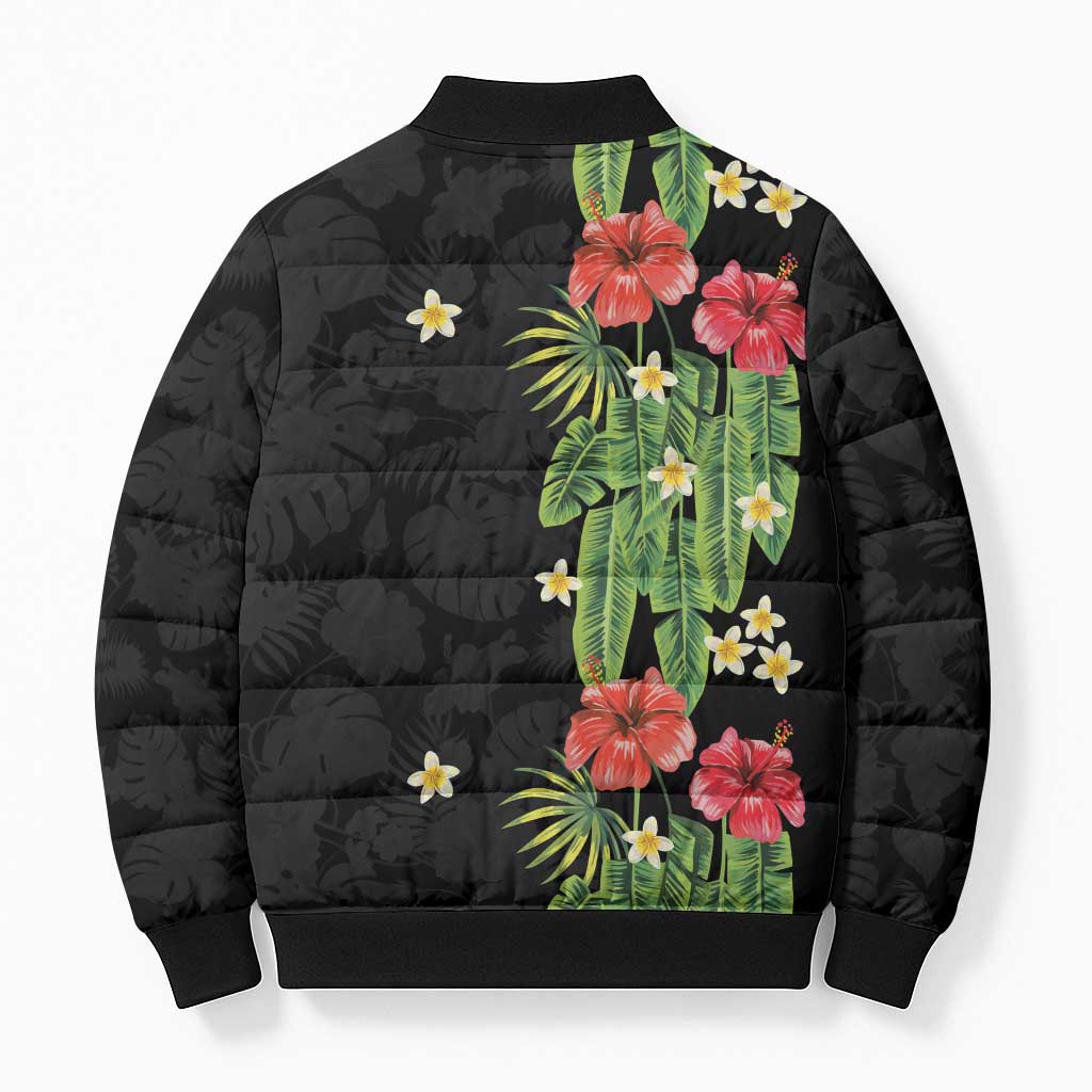 Hawaiian Hibiscus Plumeria Bomber Puffer Jacket Tropical Leaves