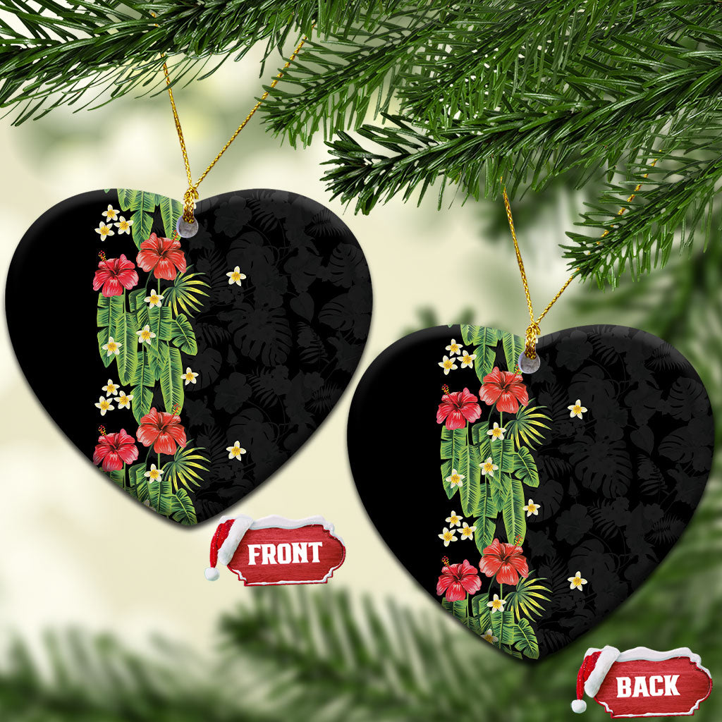 Hawaiian Hibiscus Plumeria Ceramic Ornament Tropical Leaves LT01 Heart Black - Polynesian Pride