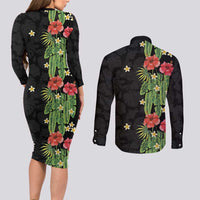 Hawaiian Hibiscus Plumeria Couples Matching Long Sleeve Bodycon Dress and Long Sleeve Button Shirt Tropical Leaves LT01 - Polynesian Pride