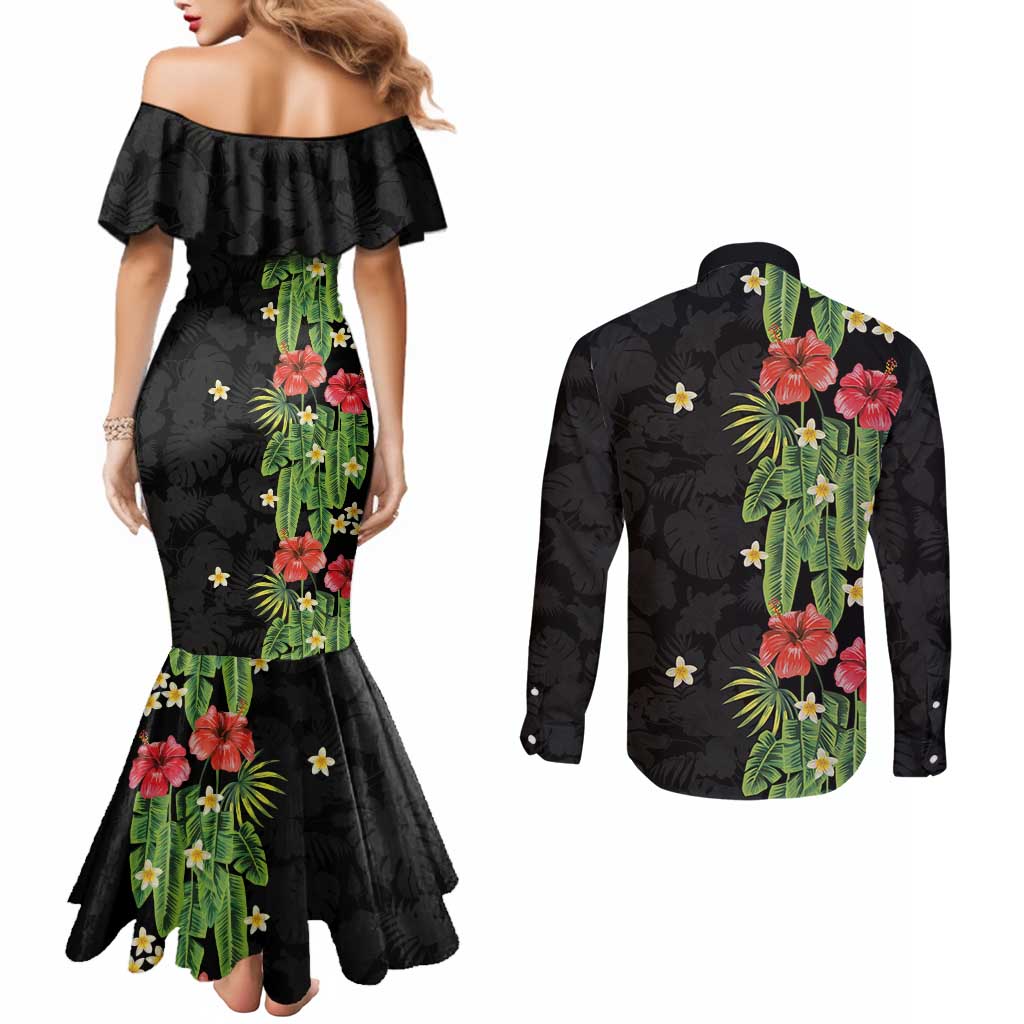 Hawaiian Hibiscus Plumeria Couples Matching Mermaid Dress and Long Sleeve Button Shirt Tropical Leaves