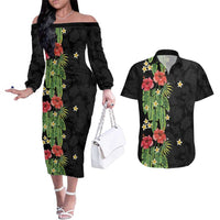 Hawaiian Hibiscus Plumeria Couples Matching Off The Shoulder Long Sleeve Dress and Hawaiian Shirt Tropical Leaves LT01 Black - Polynesian Pride