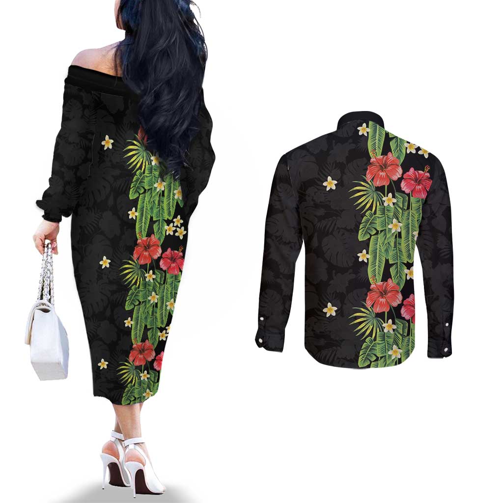 Hawaiian Hibiscus Plumeria Couples Matching Off The Shoulder Long Sleeve Dress and Long Sleeve Button Shirt Tropical Leaves LT01 - Polynesian Pride