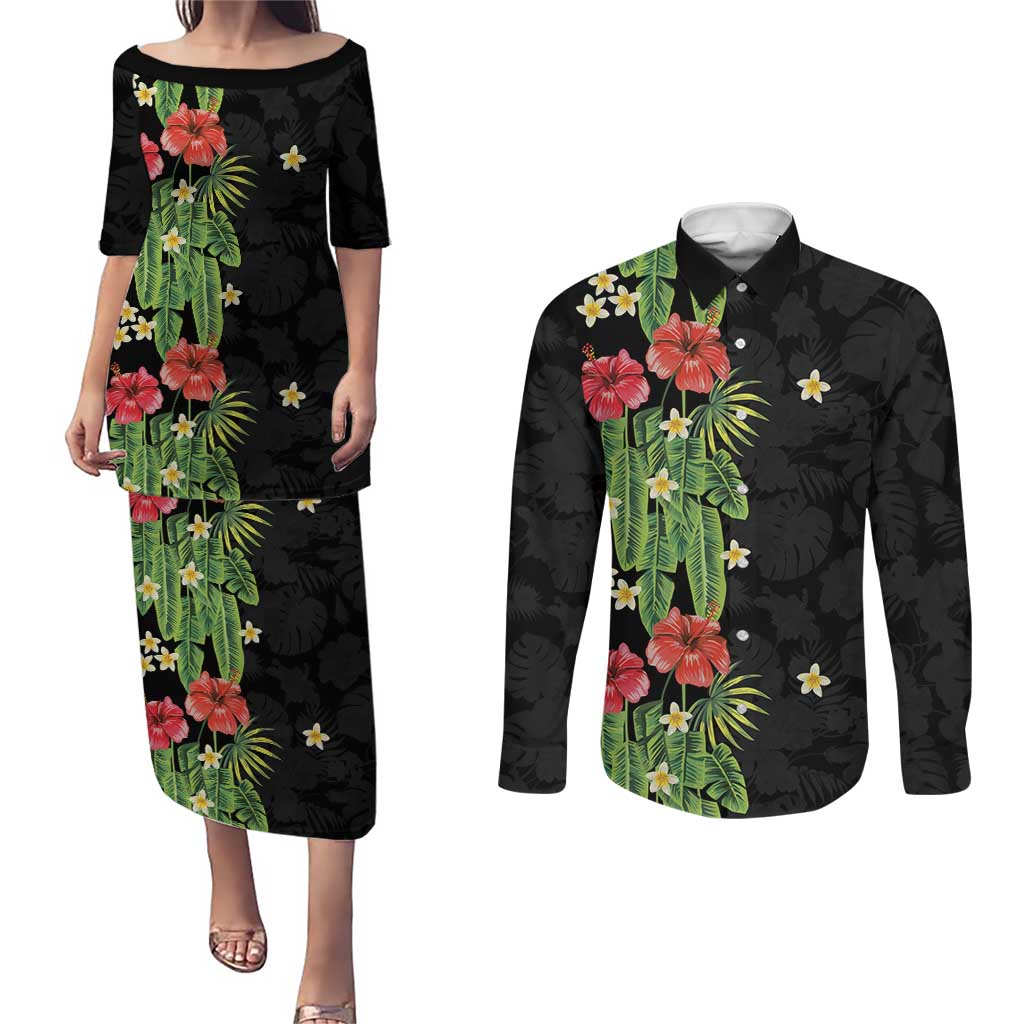 Hawaiian Hibiscus Plumeria Couples Matching Puletasi and Long Sleeve Button Shirt Tropical Leaves