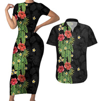Hawaiian Hibiscus Plumeria Couples Matching Short Sleeve Bodycon Dress and Hawaiian Shirt Tropical Leaves LT01 Black - Polynesian Pride