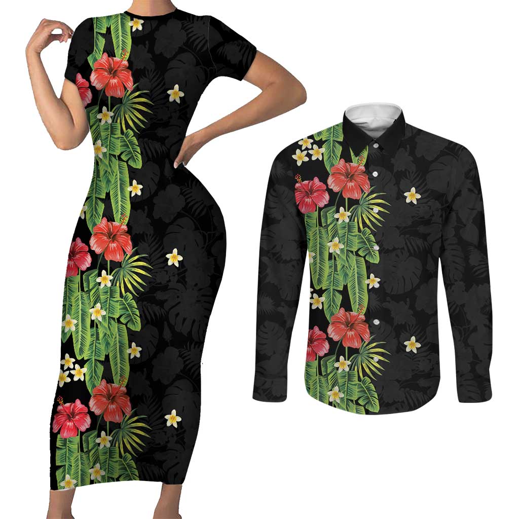 Hawaiian Hibiscus Plumeria Couples Matching Short Sleeve Bodycon Dress and Long Sleeve Button Shirt Tropical Leaves