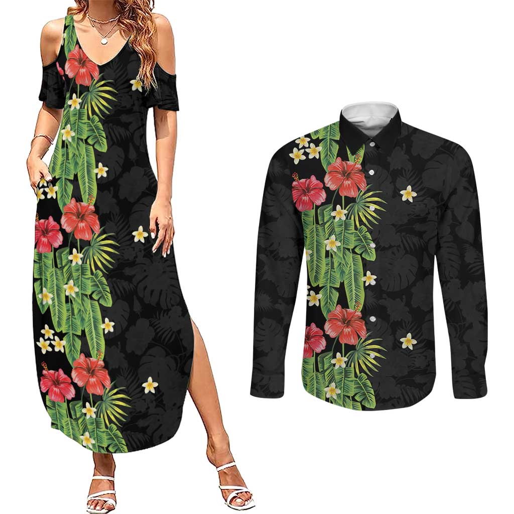 Hawaiian Hibiscus Plumeria Couples Matching Summer Maxi Dress and Long Sleeve Button Shirt Tropical Leaves