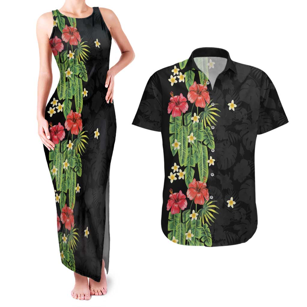 Hawaiian Hibiscus Plumeria Couples Matching Tank Maxi Dress and Hawaiian Shirt Tropical Leaves LT01 Black - Polynesian Pride