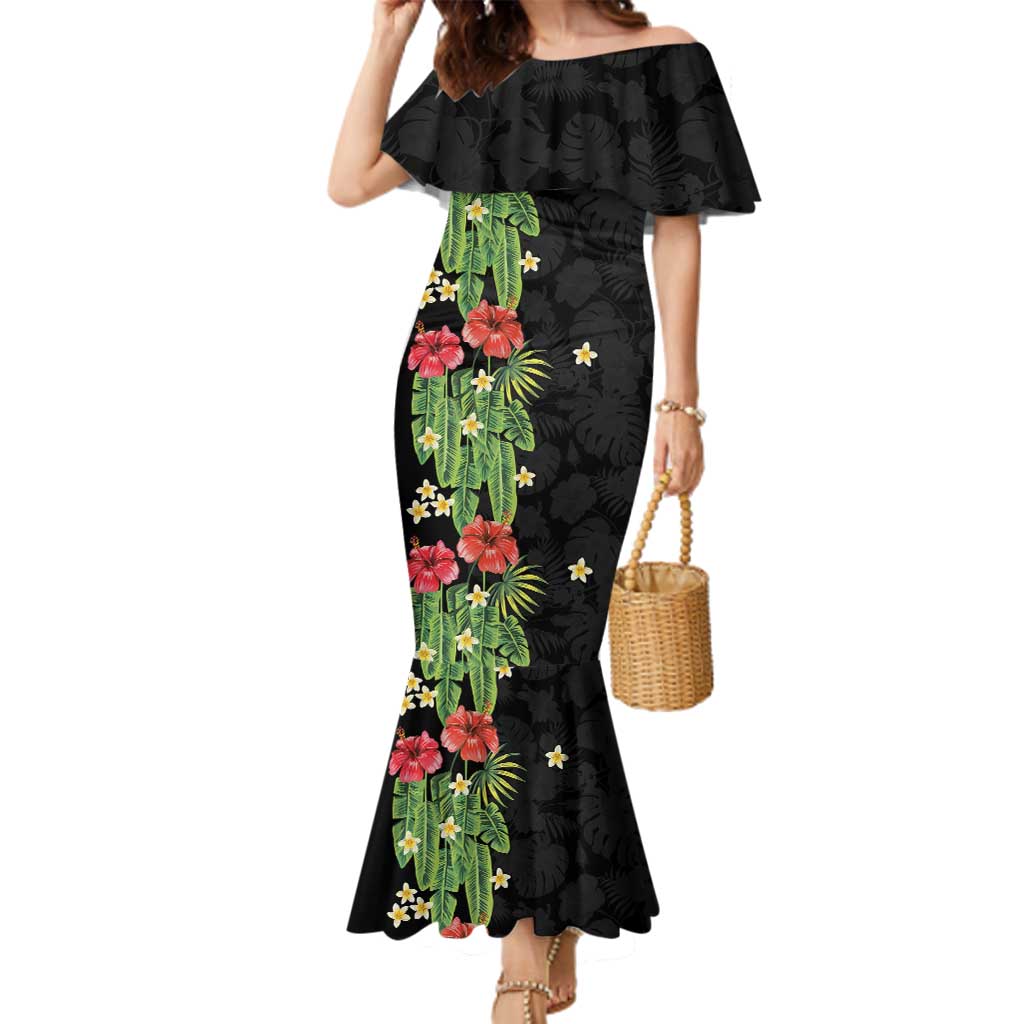 Hawaiian Hibiscus Plumeria Family Matching Mermaid Dress and Hawaiian Shirt Tropical Leaves LT01 Mom's Dress Black - Polynesian Pride