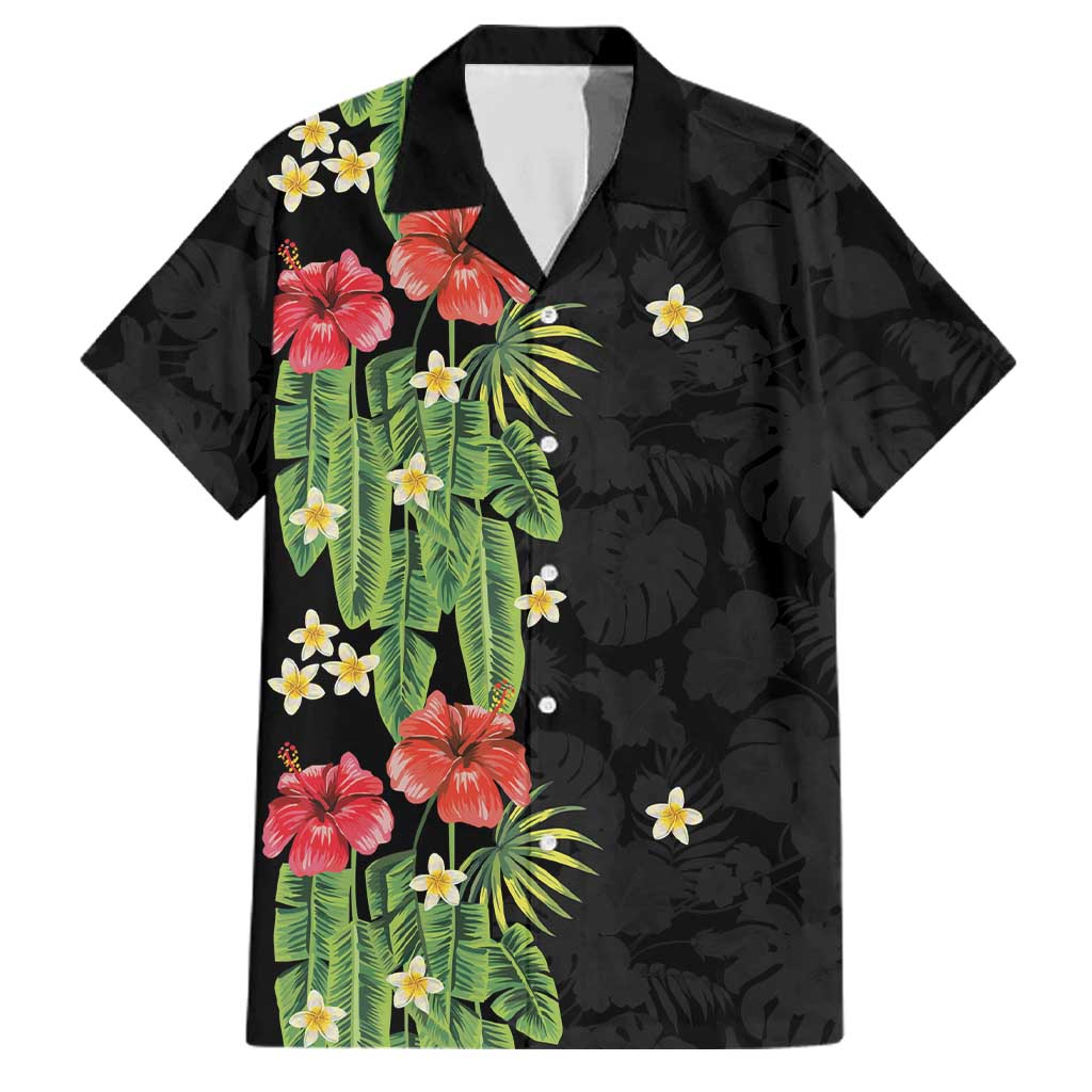 Hawaiian Hibiscus Plumeria Family Matching Off Shoulder Maxi Dress and Hawaiian Shirt Tropical Leaves LT01 Dad's Shirt - Short Sleeve Black - Polynesian Pride