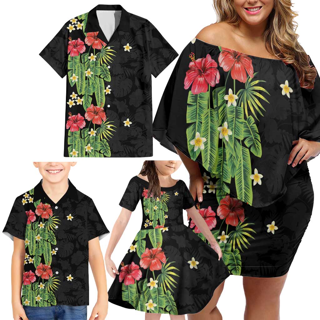 Hawaiian Hibiscus Plumeria Family Matching Off Shoulder Short Dress and Hawaiian Shirt Tropical Leaves LT01 - Polynesian Pride