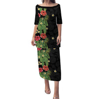 Hawaiian Hibiscus Plumeria Family Matching Puletasi and Hawaiian Shirt Tropical Leaves LT01 Mom's Dress Black - Polynesian Pride