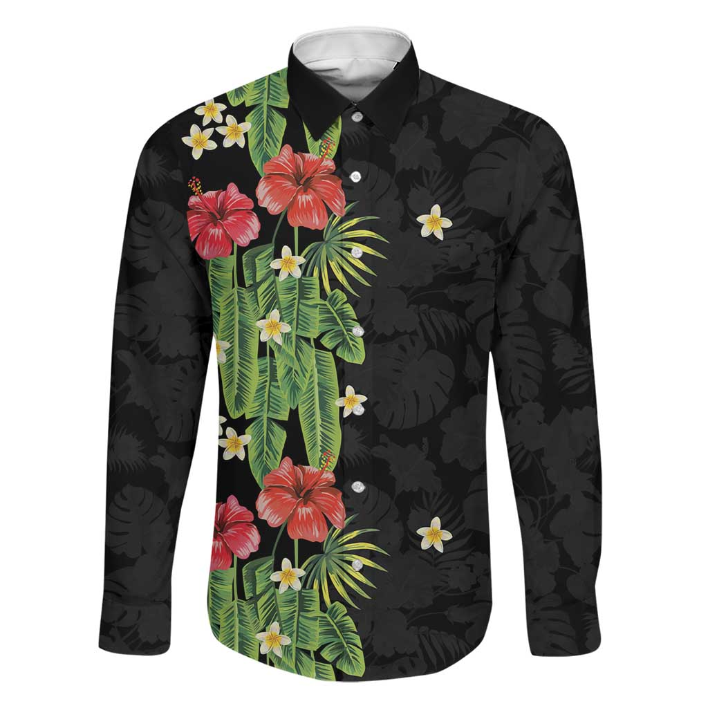 Hawaiian Hibiscus Plumeria Family Matching Short Sleeve Bodycon Dress and Hawaiian Shirt Tropical Leaves LT01 Dad's Shirt - Long Sleeve Black - Polynesian Pride