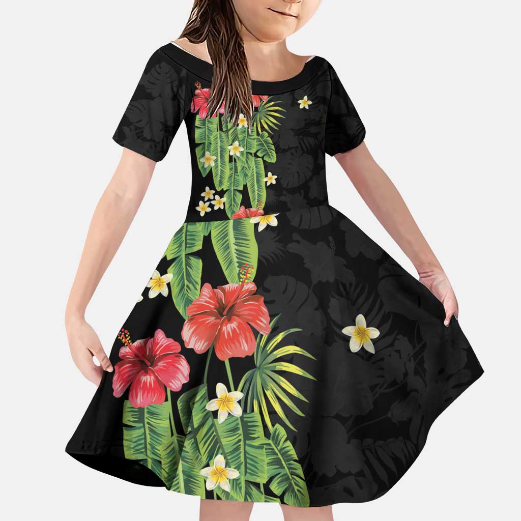 Hawaiian Hibiscus Plumeria Family Matching Tank Maxi Dress and Hawaiian Shirt Tropical Leaves LT01 Daughter's Dress Black - Polynesian Pride
