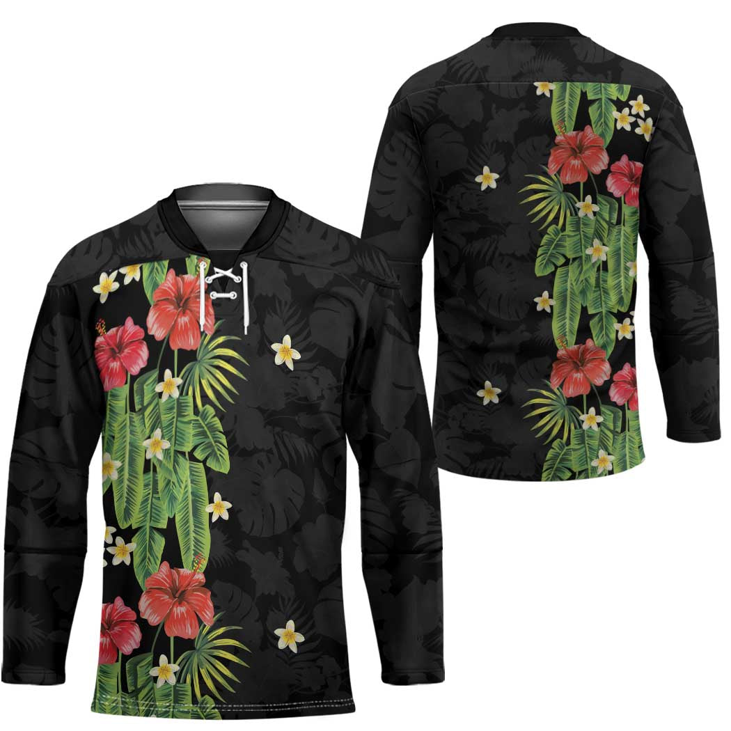 Hawaiian Hibiscus Plumeria Hockey Jersey Tropical Leaves