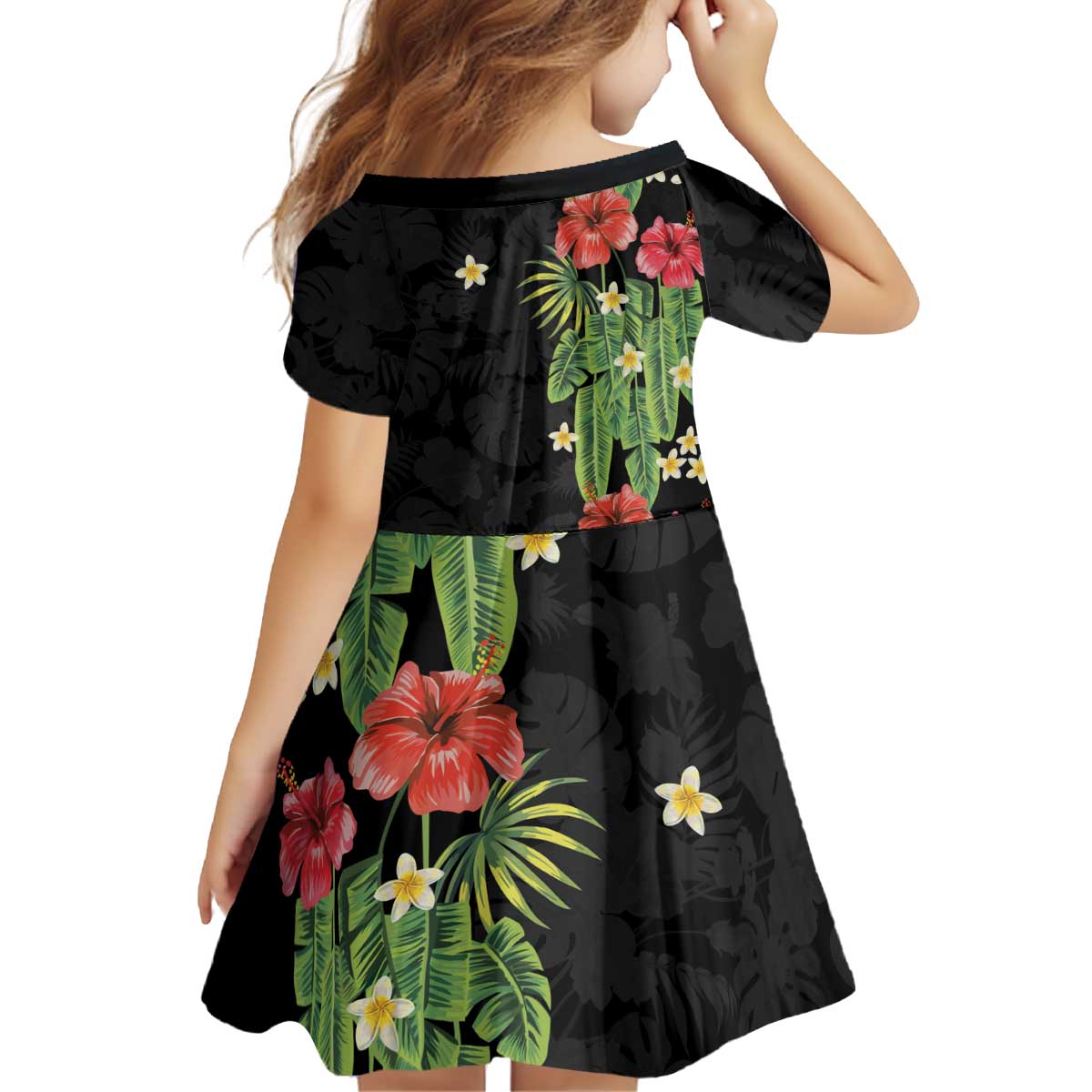 Hawaiian Hibiscus Plumeria Kid Short Sleeve Dress Tropical Leaves
