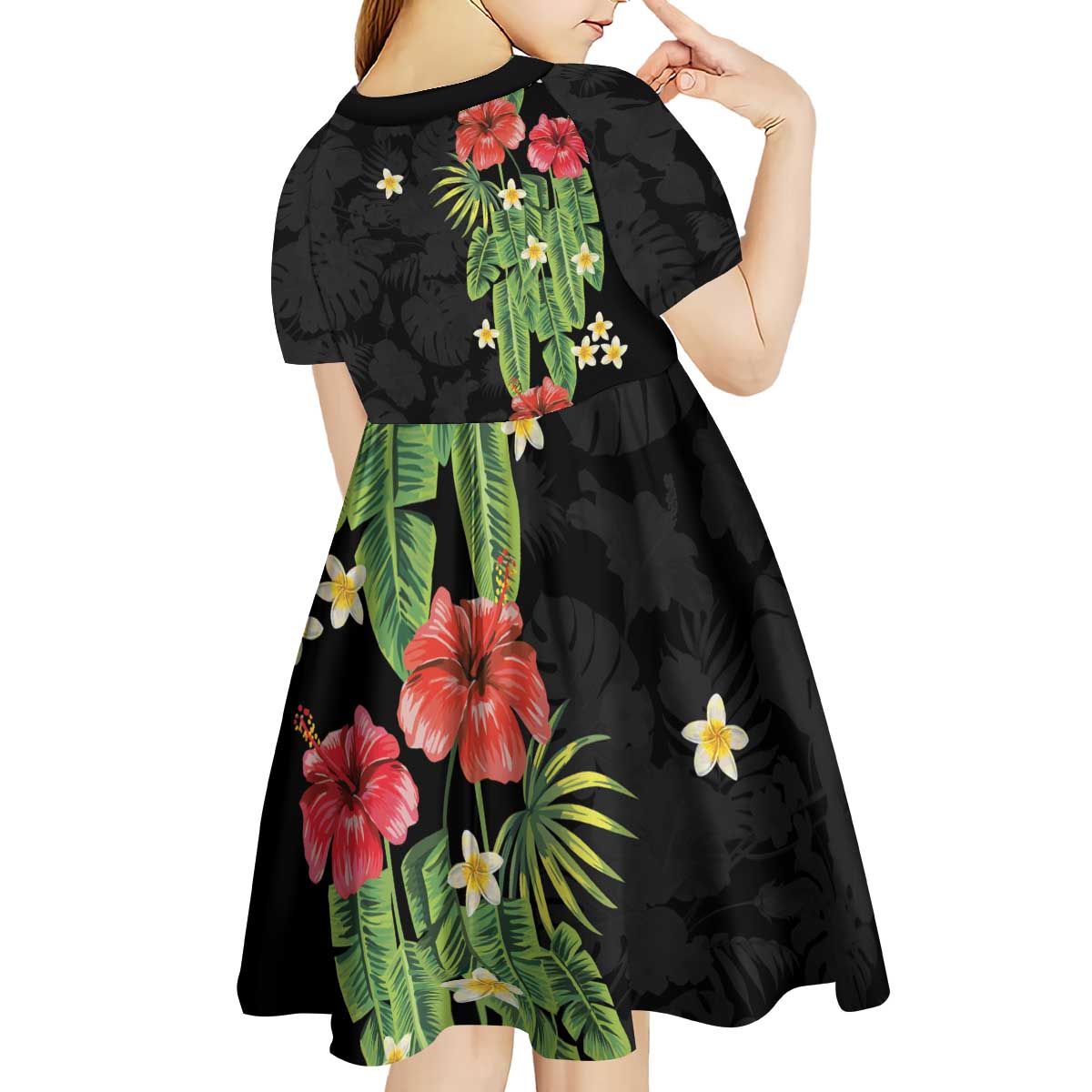 Hawaiian Hibiscus Plumeria Kid Short Sleeve Dress Tropical Leaves