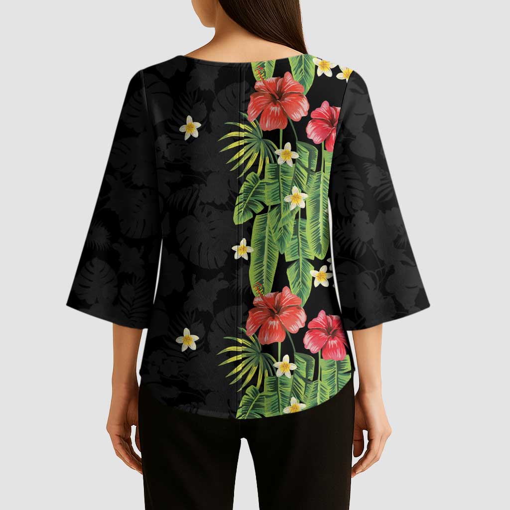 Hawaiian Hibiscus Plumeria Kimono Sleeve Blouse Tropical Leaves