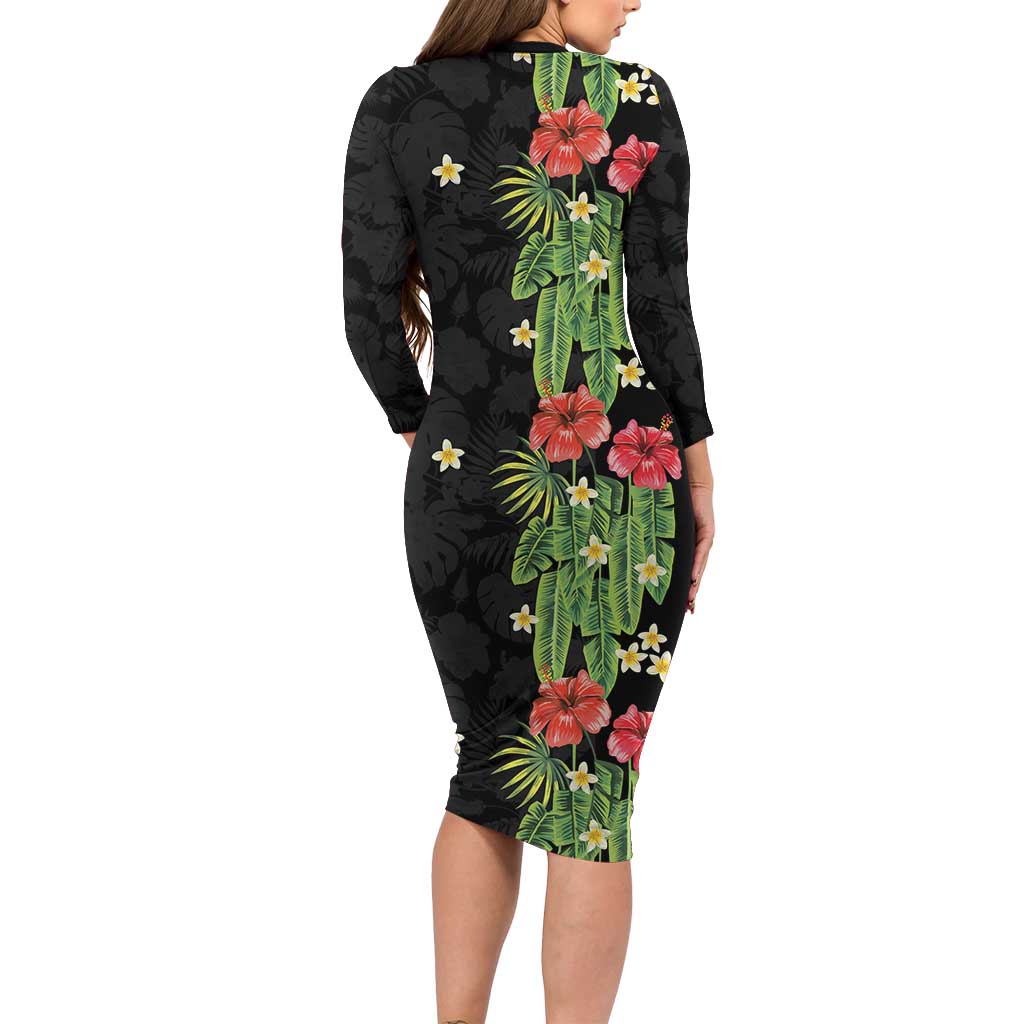 Hawaiian Hibiscus Plumeria Long Sleeve Bodycon Dress Tropical Leaves LT01 - Polynesian Pride