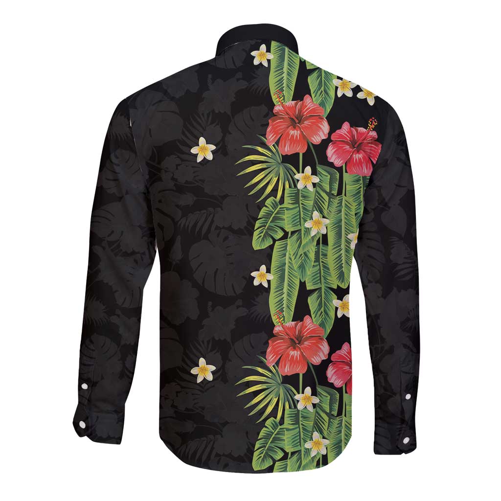 Hawaiian Hibiscus Plumeria Long Sleeve Button Shirt Tropical Leaves