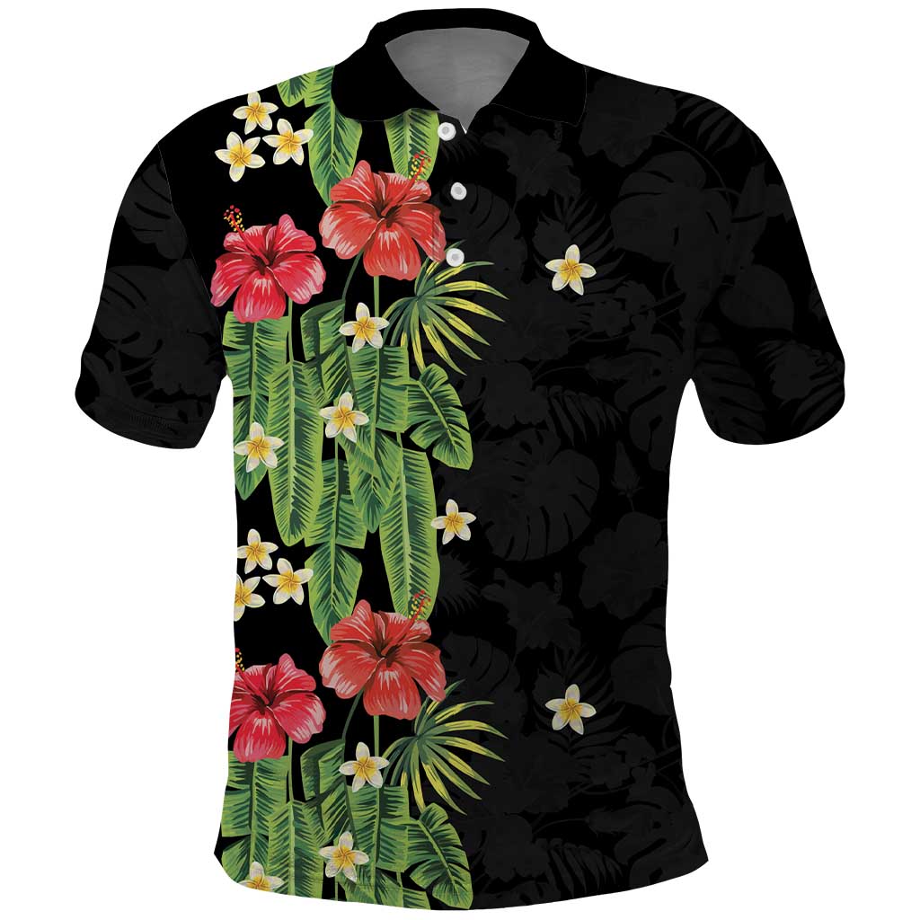 Hawaiian Hibiscus Plumeria Polo Shirt Tropical Leaves