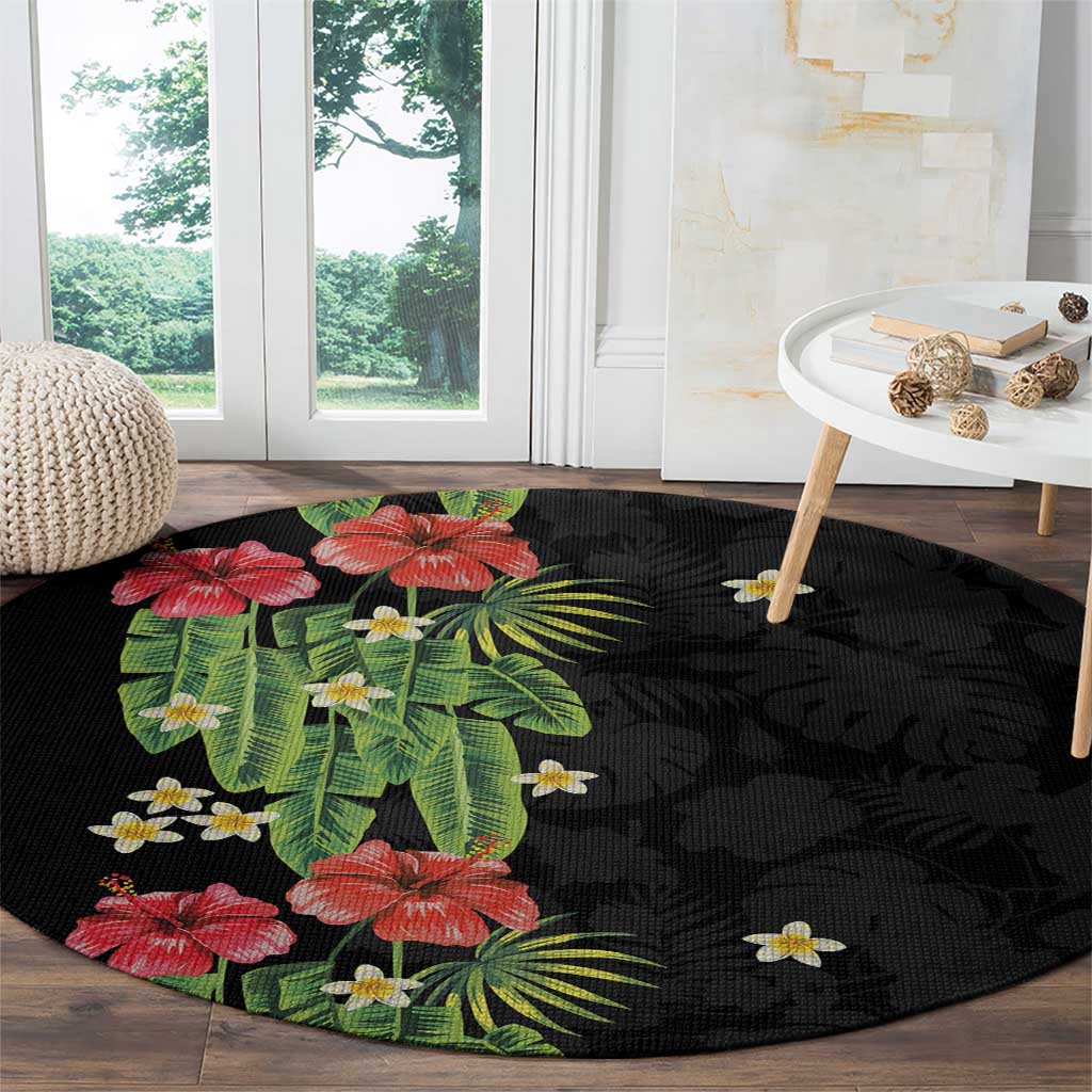 Hawaiian Hibiscus Plumeria Round Carpet Tropical Leaves